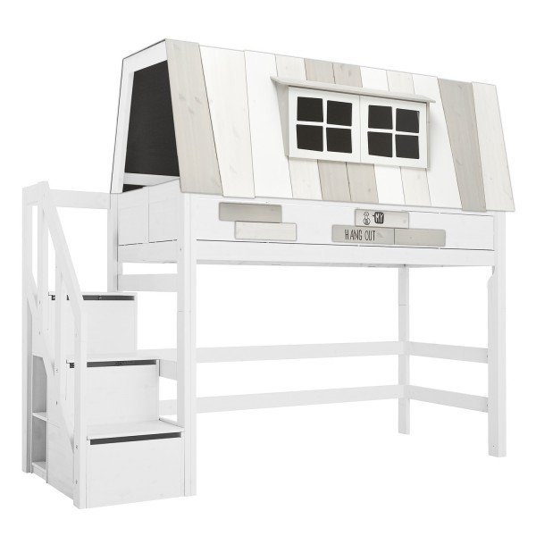 Mittelhohes Bett Hangout mit Rollboden und Treppe / Weiß