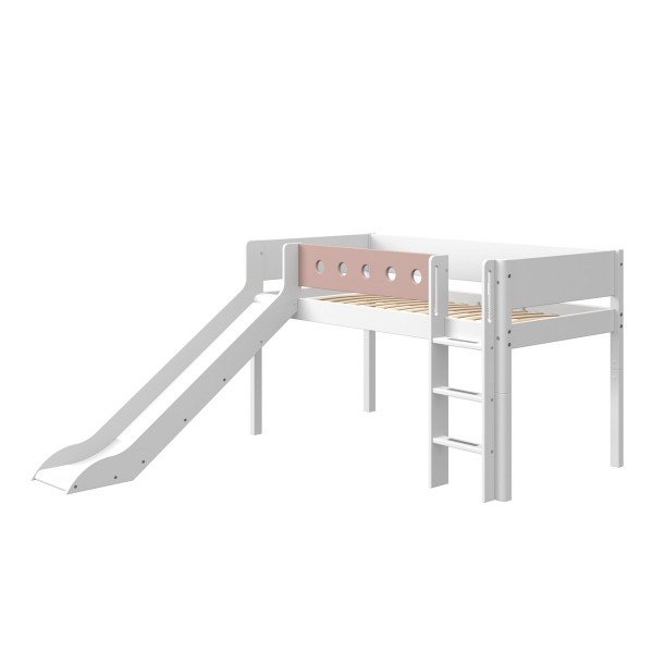 White halbhohes Bett in weiß / lightrose mit Rutsche, gerade Leiter, 90 x 200cm