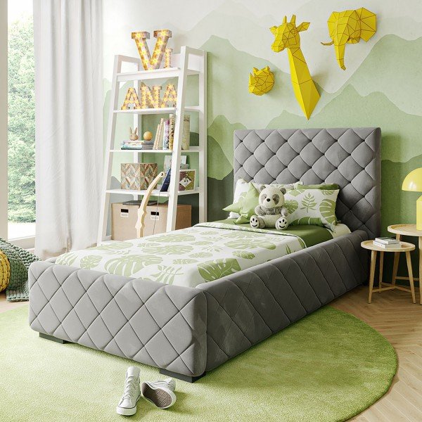 Polsterbett Viana in Velour Grey, 90 x 200 cm
