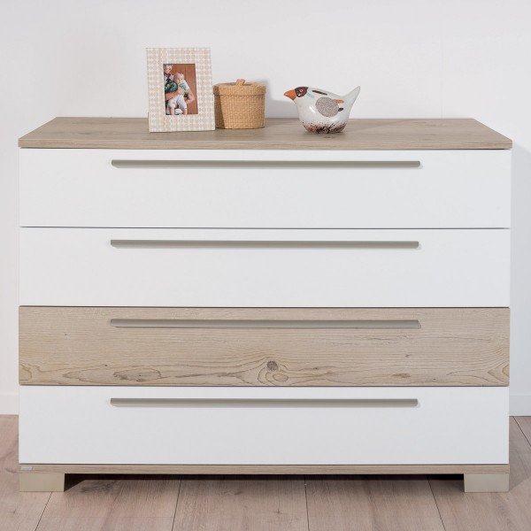 Carlo Kommode, Beispiel mit 3 Schubkästen in Kreideweiß, 1 Schubkasten in Fichte-Vintage