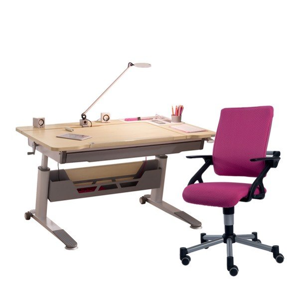 Schreibtisch Jaro rechts in Birke-Nachbildung mit Drehstuhl Tio in brombeere (Schublade, Kabelkanal, Lampe und Tablet-Holder optional)