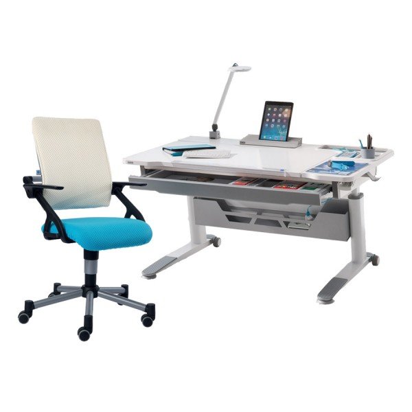 Schreibtisch Jaro rechts in kreideweiß mit Drehstuhl Tio in azurblau / weiß (Schublade, Kabelkanal, Lampe und Tablet-Holder optional)