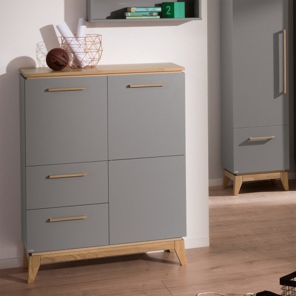 Kleines Highboard mit 2 Schubladen und 6 Fächern.