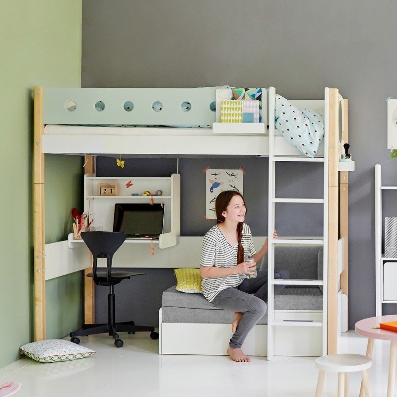 Flexa Hochbett In Weiss Lightblue Pfosten In Natur Wallenfels