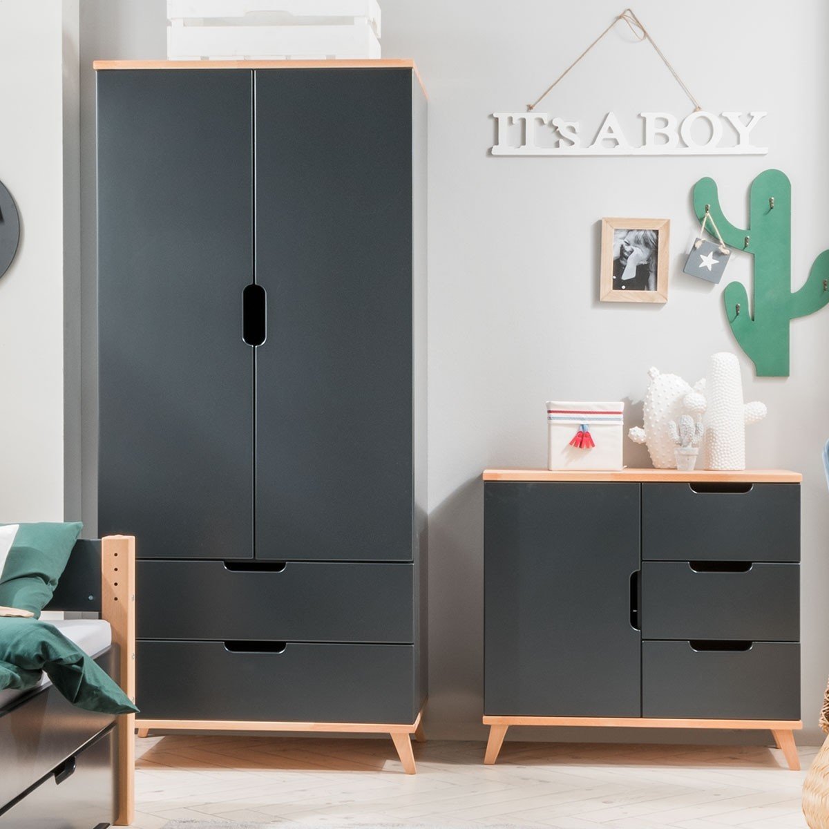 infanscolor kleiderschrank in buche/ anthrazit mit 2 türen