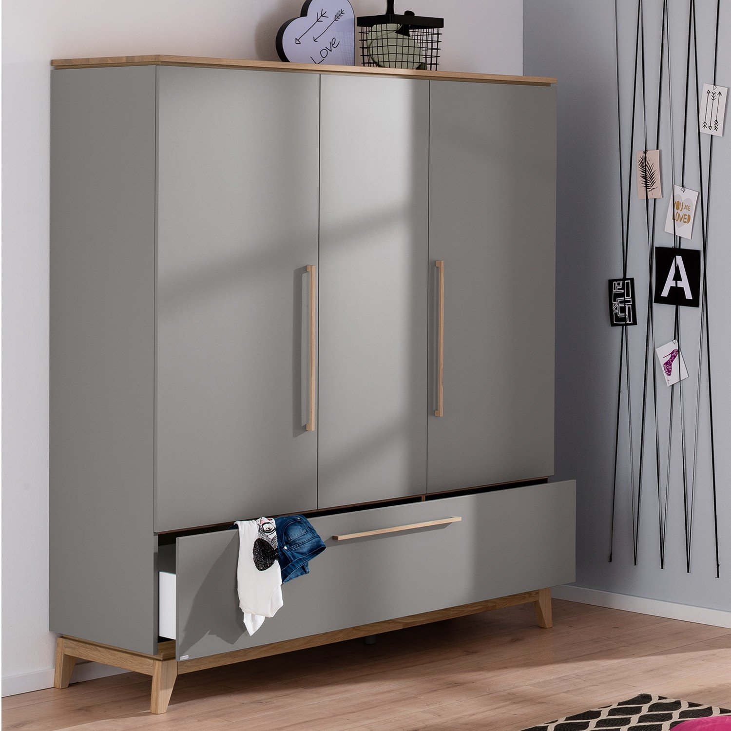 sten kleiderschrank 3t1s breit (schiefergrau/eiche massiv)