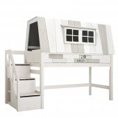 Halbhohes Bett Hangout mit Rollboden und Treppe / Whitewash