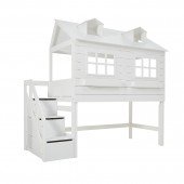 Halbhohes Bett Lakehouse mit Deluxe Lattenrost und Treppe / Weiß
