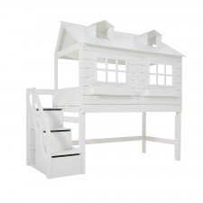 Halbhohes Bett Lakehouse mit Deluxe Lattenrost und Treppe / Weiß